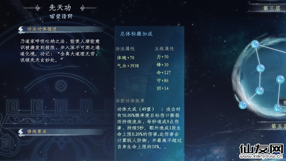 蜀山初章网络版:先天功修满功法属性效果及五维属性